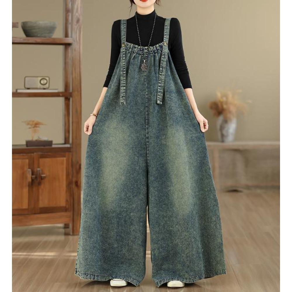 Vestito Salopette in Denim Lavato Retrò da Donna Vestibilità Larga Lungo Maxi Linea ad A Casual Tuta Vestito