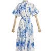 2023 Autumn Stand Collar Puff Sleeve Belted Print Long Dress for Women