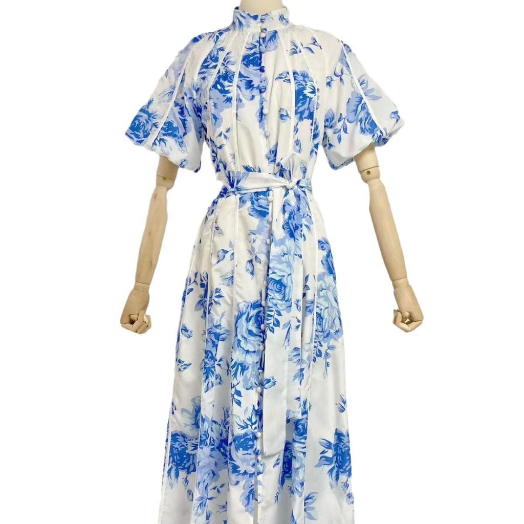 2023 Autumn Stand Collar Puff Sleeve Belted Print Long Dress for Women
