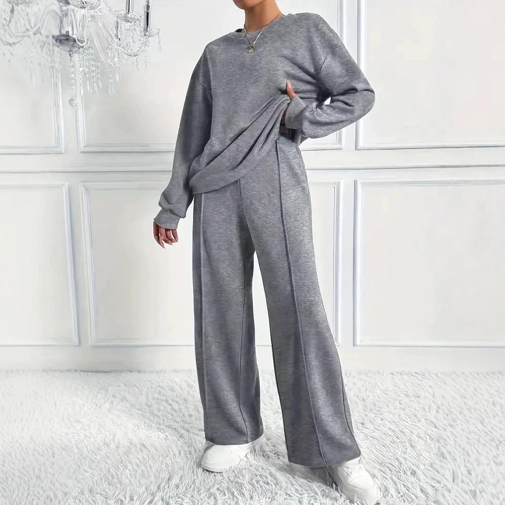 Completo due pezzi da donna casual con scollo rotondo e maniche lunghe, felpa e pantaloni a gamba larga, moda autunno inverno da donna, outfit da ufficio