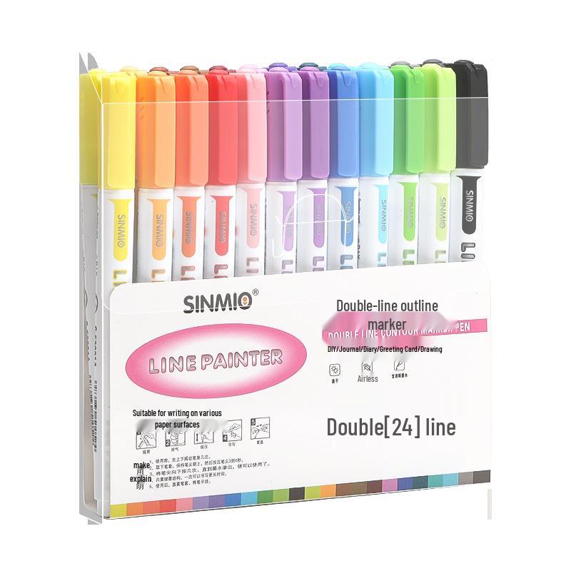 24-Color Glitter Double-Line Outline Pens Set - Fluorescent & Pearlescent Markers for Students, Macaron Series