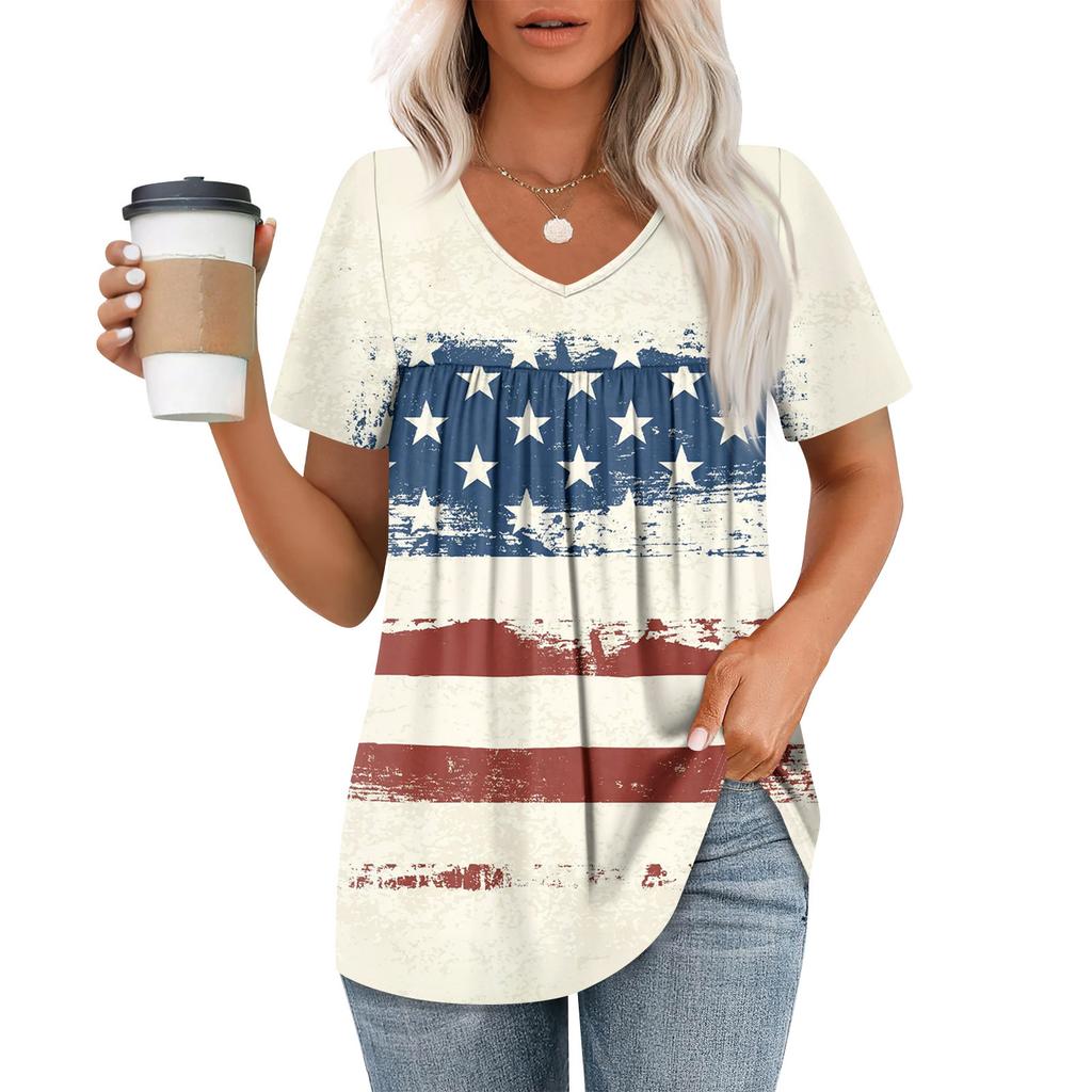 Women's Casual V-Neck Short Sleeve Chest Ruffle Printed Top