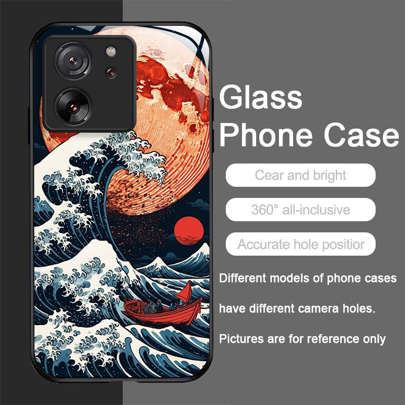Tempered Glass Phone Case for Motorola Moto G85 G84 G75 G55 Edge 50 Fusion 40 Neo 30 Pro Japanese Ancient Structure Waves Cover