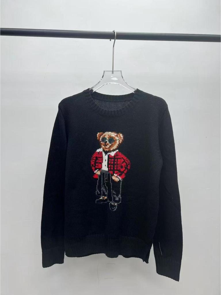 2025 R.L Wool Blend Cartoon Bear Round Neck Sweater - Women's Autumn/Winter Versatile Embroidered Style