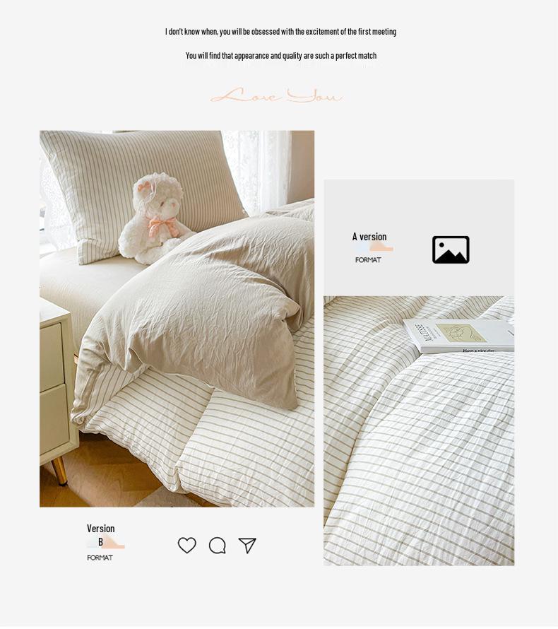 Skin-Friendly Washed Cotton Dorm Three-Piece Set: Stripe Duvet Cover & Pillowcase, Single/Double Size, Class A Quality