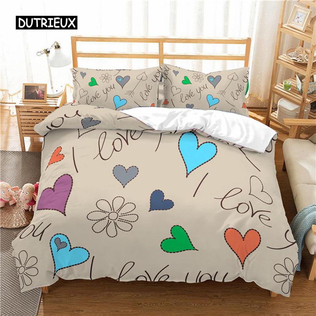 Love Heart Duvet Cover Set Cartoon Fun Colorful Hearts Quilt Cover Twin Romantic Style I Love You Polyester Bedding Set for Teen
