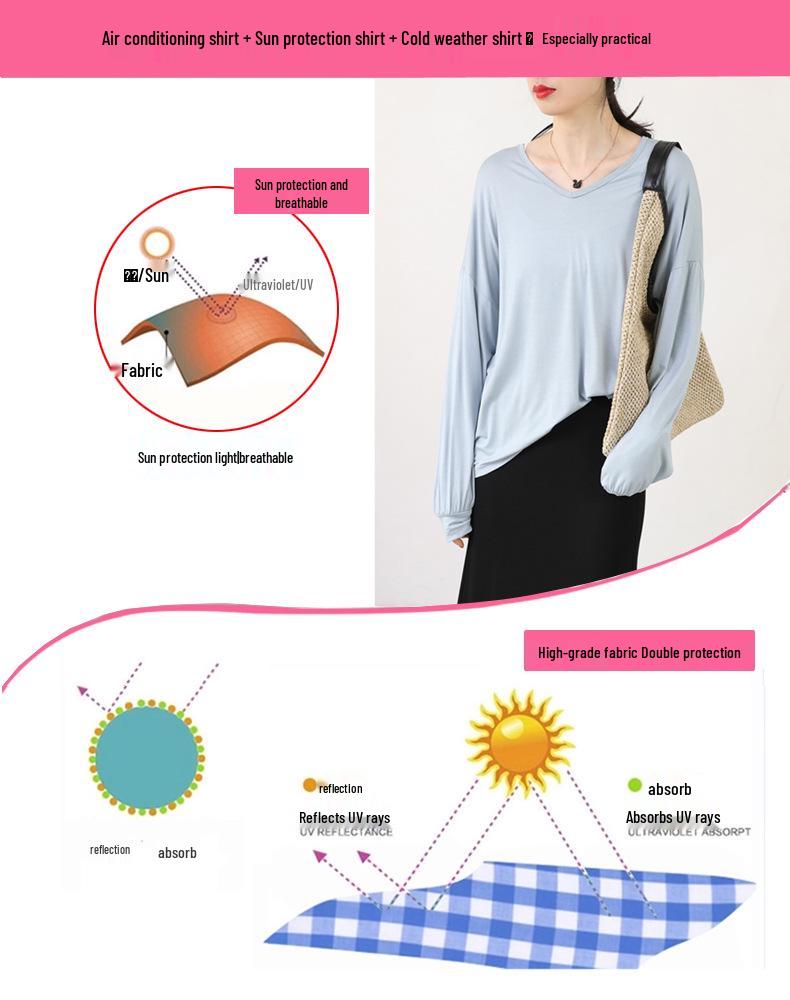 Loose V-neck Long Sleeve Women's Sun Protection T-shirt - Plus Size Summer Riding Top, Korean Style