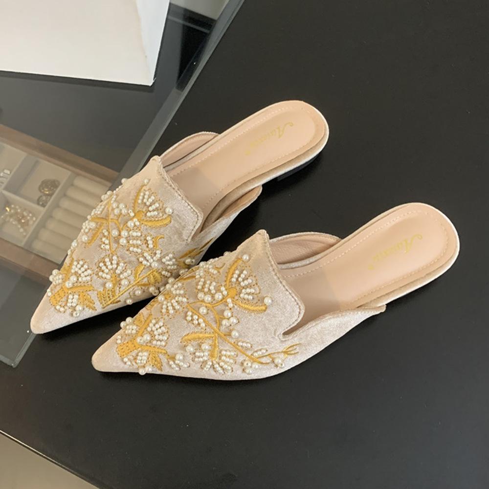 Slippers Women's Bag Head Embroidery Half Slippers Women's Summer Wear Pearl Velvet Pointed Retro Flat Muller Shoes