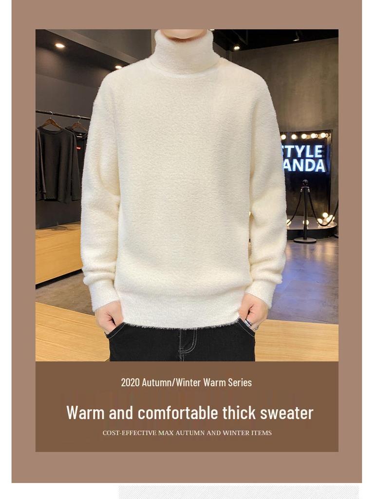 Men's Thickened Imitation Golden Mink Cashmere Sweater, Medium High Neck, Korean Style Trend, Warm Autumn Winter Knit Top