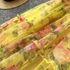 Abito Retrò Francese Floreale in Chiffon con Vita Cinciurata, Manica a Sbuffo Monospalla e Gonna in Rete