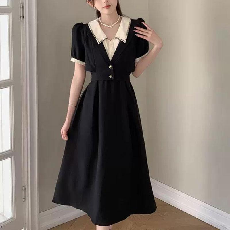 Women's Summer New Fashion Fake Two-piece Short-sleeved Dress Design Midi Skirt