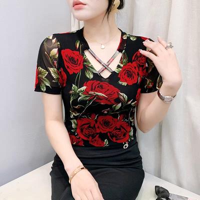 Sommer Neue Mode Rosenprint T-Shirt Chic Kreuz Ausschnitt Heiße Diamanten T-Shirts Sexy V-Ausschnitt Kurzarm Damen Tops Bluse