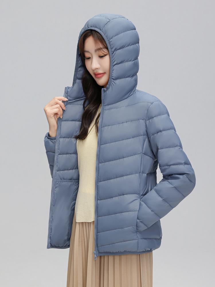 Women's Lightweight Hooded Down Jacket - 90% Down, Solid Color, Casual Warm Plus Size Coat for Autumn/Winter.