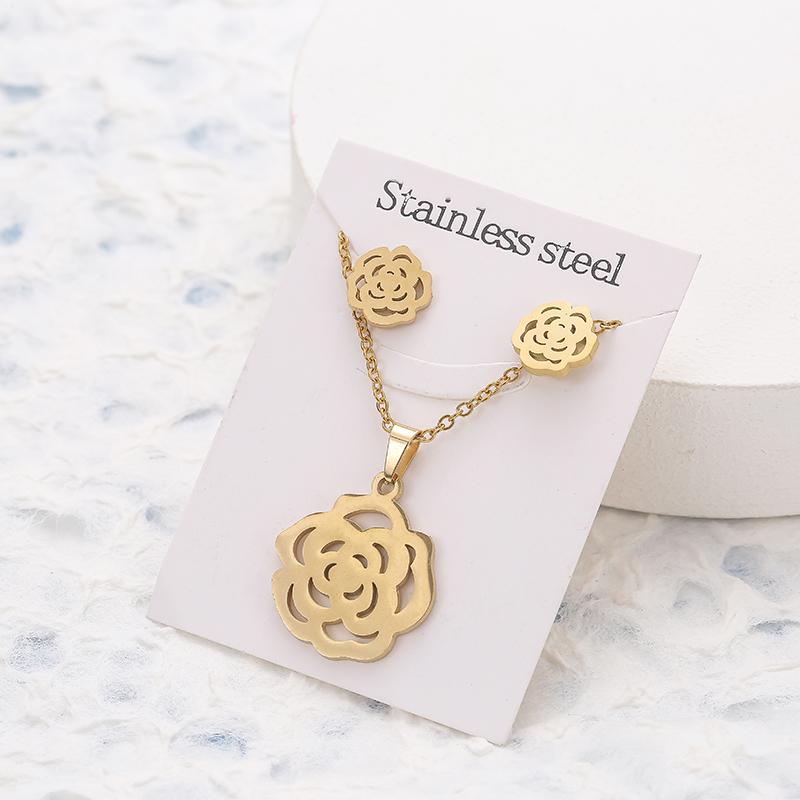New Animal Flower Butterfly Stainless Steel Pendant Necklace Sets For Women Gold Color Chain Necklace Earrings Zircon Gifts