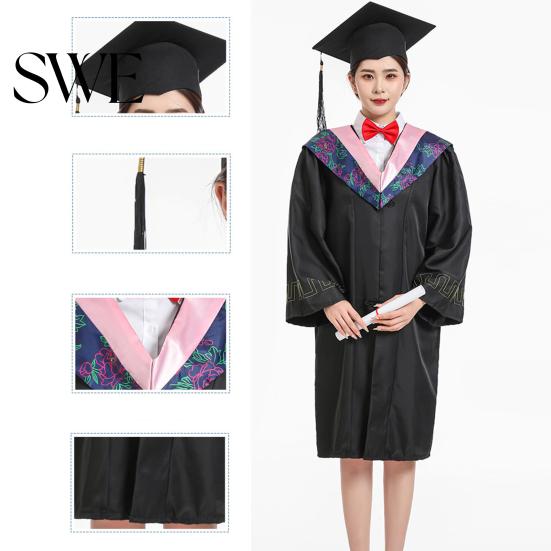 Commencement Outfit Bachelor Uniform Matte Graduation Gown Cap Tassel Set V-Neck Long Sleeve Robe And Ceremonies Photo Props Suit