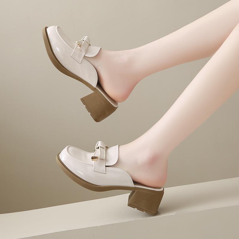 Fashion CRLAYDK Summer Mules Heels for Women Chunky Slip On Closed Round Toe Slides Backless Leather Bow Office Lady Dress Shoes