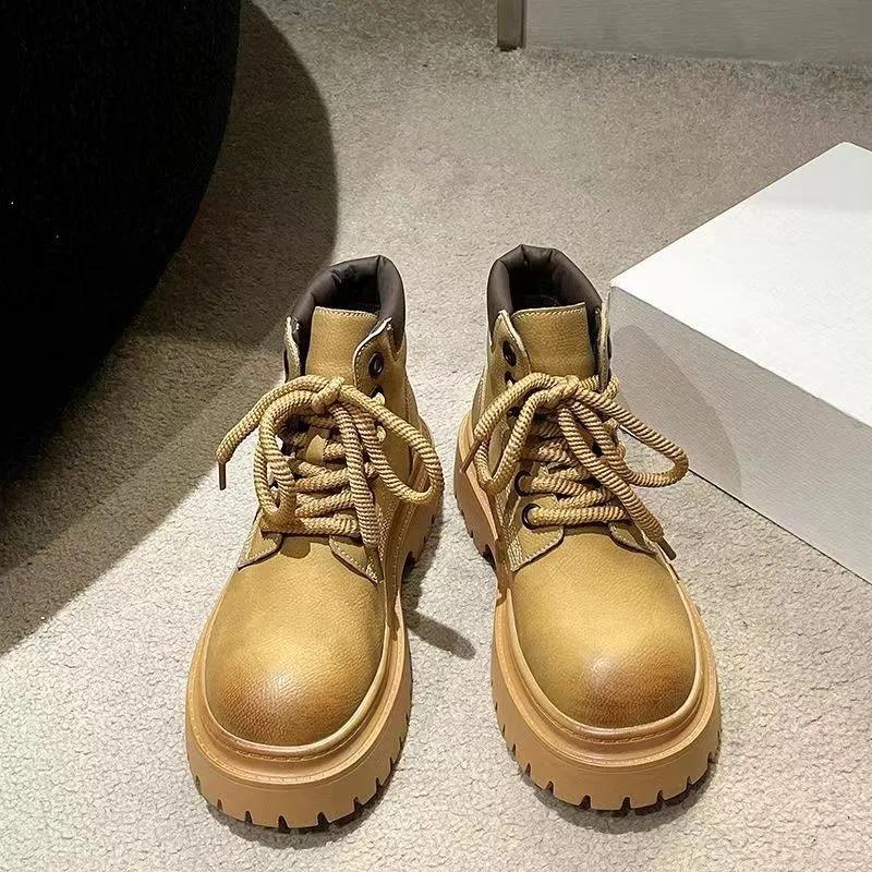 Retro Work Shoes Autumn Winter Thick Bottom High Top Non Slip Warm Casual Boots Leather Lace-up Big Head Tooling Boots