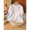 Summer cotton and linen artistic embroidered shirt women's button-down shirt slimming cropped top
