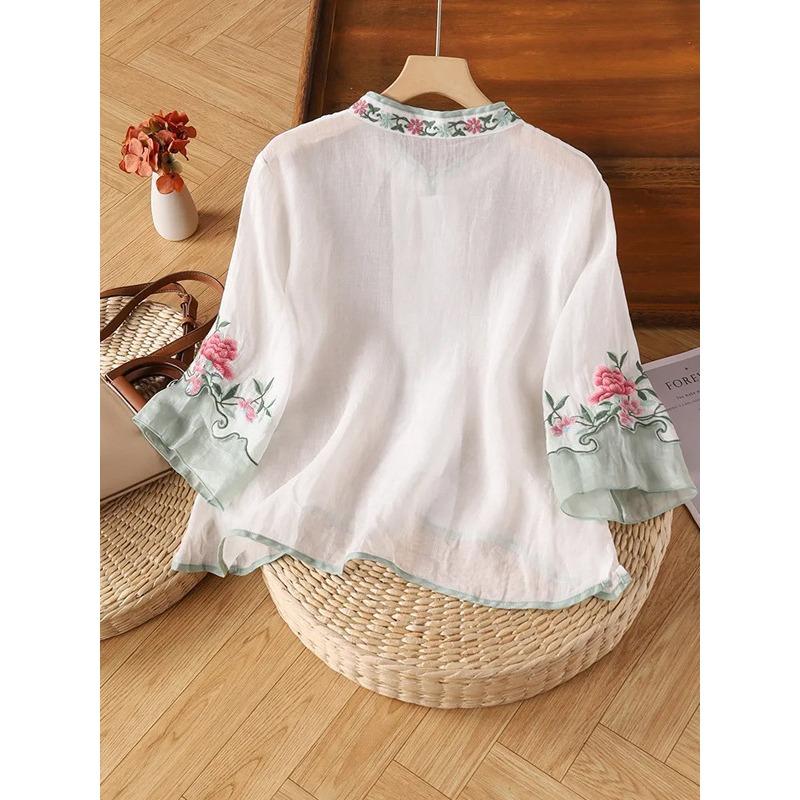 Summer cotton and linen artistic embroidered shirt women's button-down shirt slimming cropped top