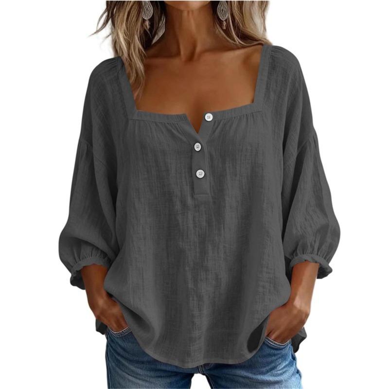 BITCED Women s Fashion Casual Solid Color Print Square Collar  Blouses  Shirts S