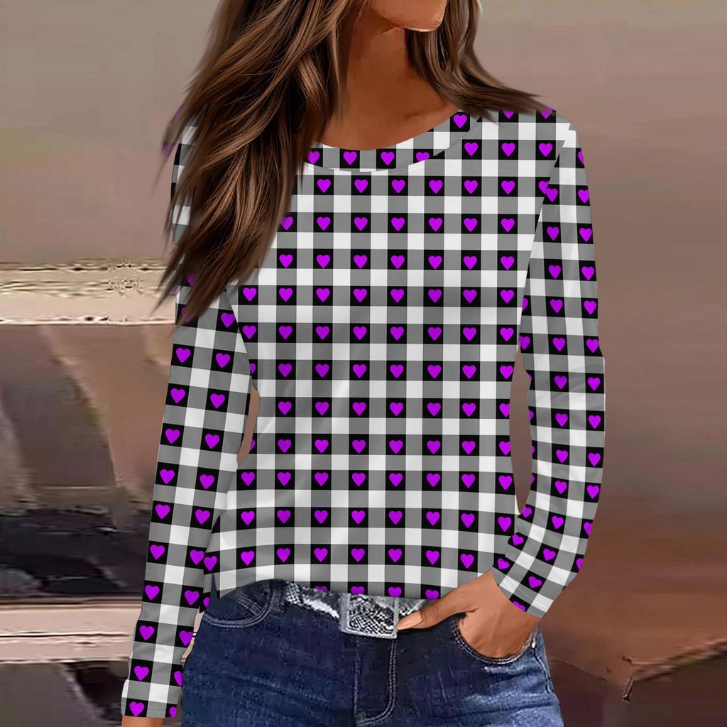 Women's Fashion Casual Slit Hem Round Neck Long Sleeve Loose Printed T-Shirt Ladies Top