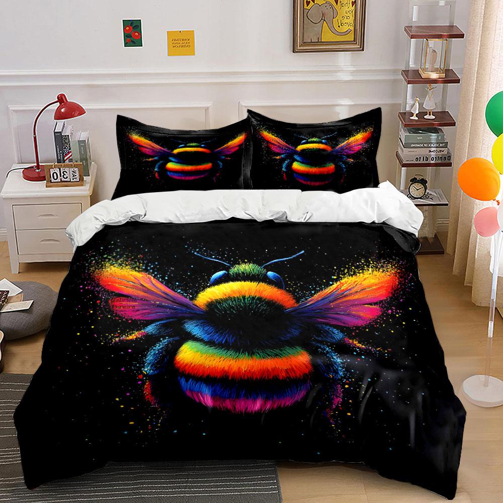 Colorful Rainbow Bee Design Bedding Duvet Cover Set (1*Duvet Cover 2*Pillowcases, Without Duvet Insert)