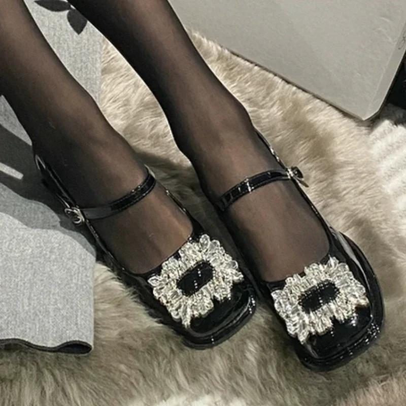 Móda 2024 Módní boty pro ženy S přezkou Dámské lodičky Podzim Mary Jane Čtvercová špička Kamínky Jednobarevné Šaty Robustní podpatky Mělké boty