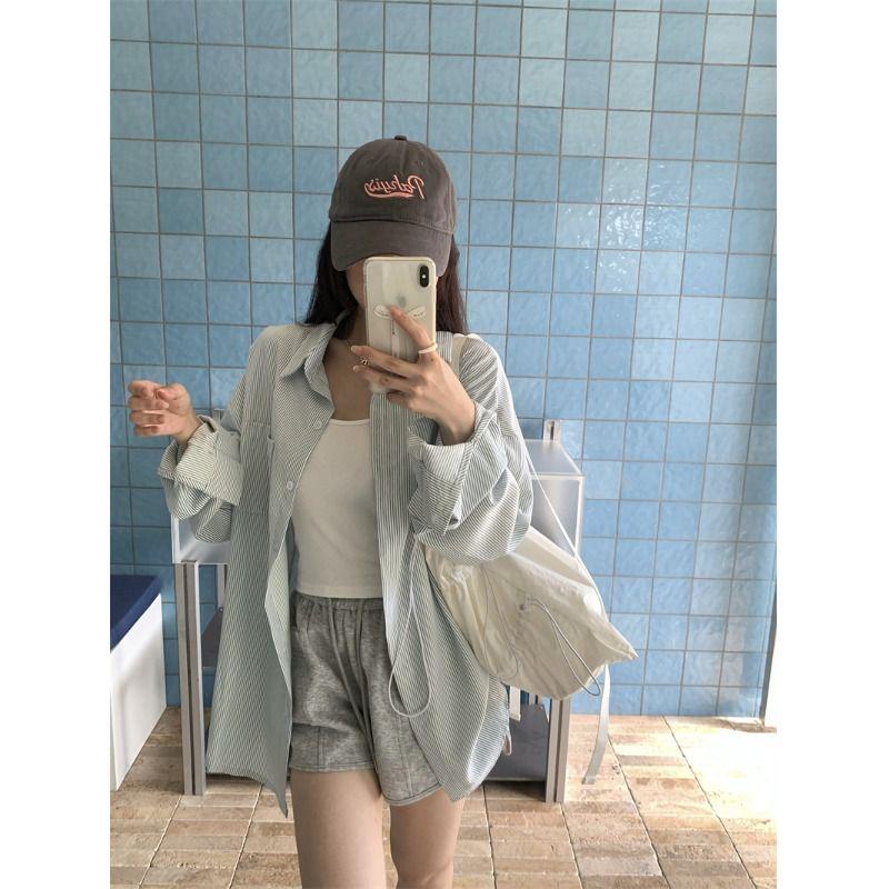 Korean Style Yellow Striped Women's Casual Shirt Coat - Autumn Design