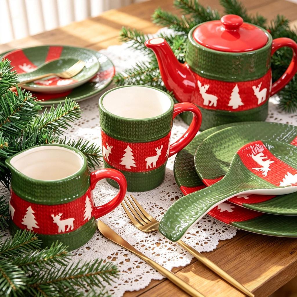 Festive Ceramic Christmas Tableware & Tea Set with Decorative Ornaments