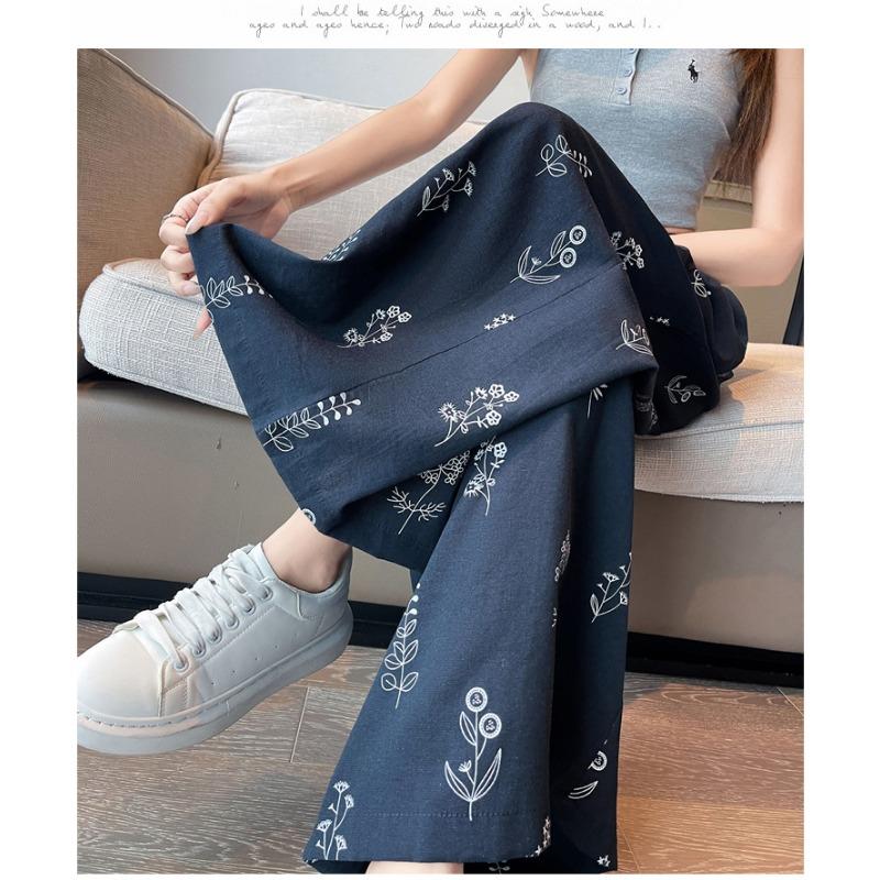 Women High Waist Floral Printed Loose Wide Leg Casual Cropped Pants