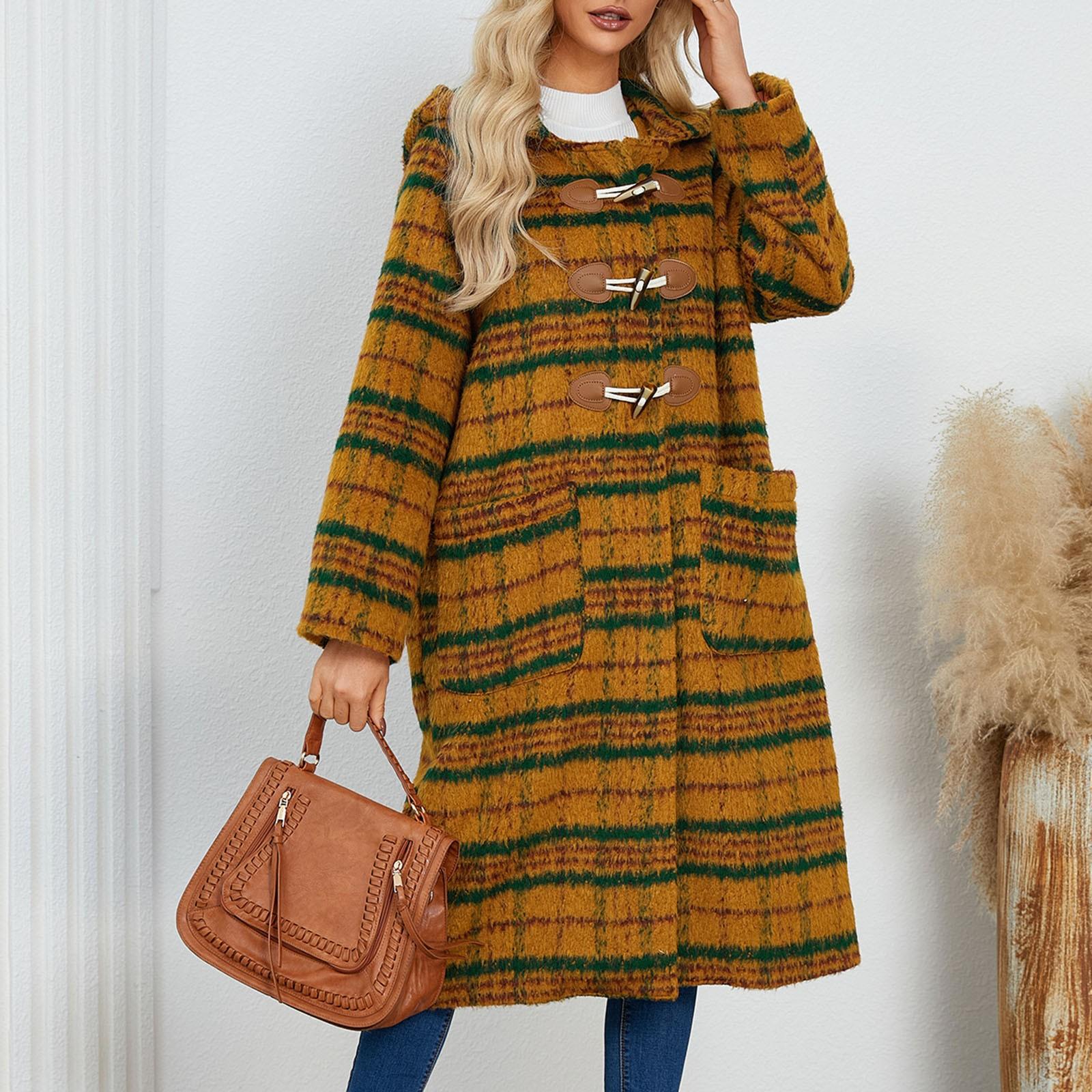 

Женская шерстяная свободная куртка в стиле ретро с капюшоном и пуговицами из коровьего рога XL жёлтый