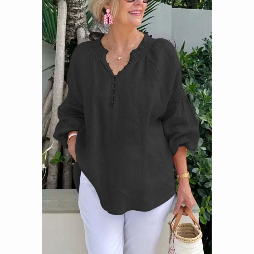Fashion Solid Loose Shirts Women Summer Casual Long Sleeve V Neck Button Blouses and Tops Daily Elegant Top