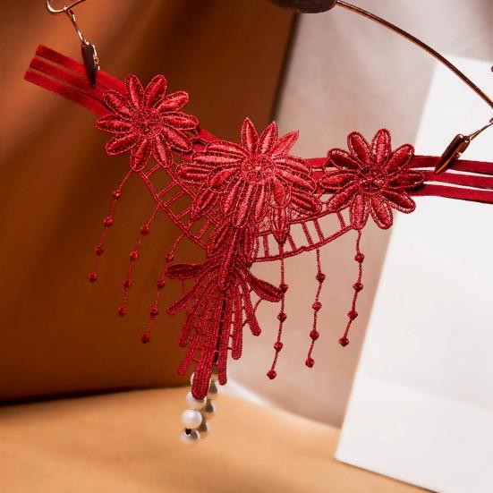 Women G-string Flower Embroidery Tassel Solid Color Hollow Out Faux Pearl Decor Spaghetti