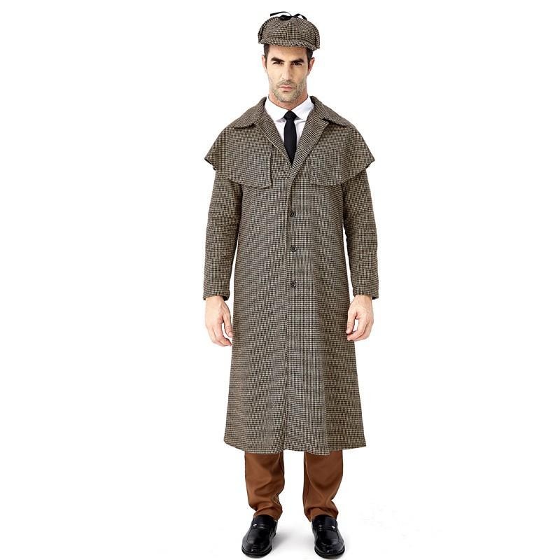 Halloween Male Costume Sherlock Holmes Vintage Plaid Trench Coat Stage Performance