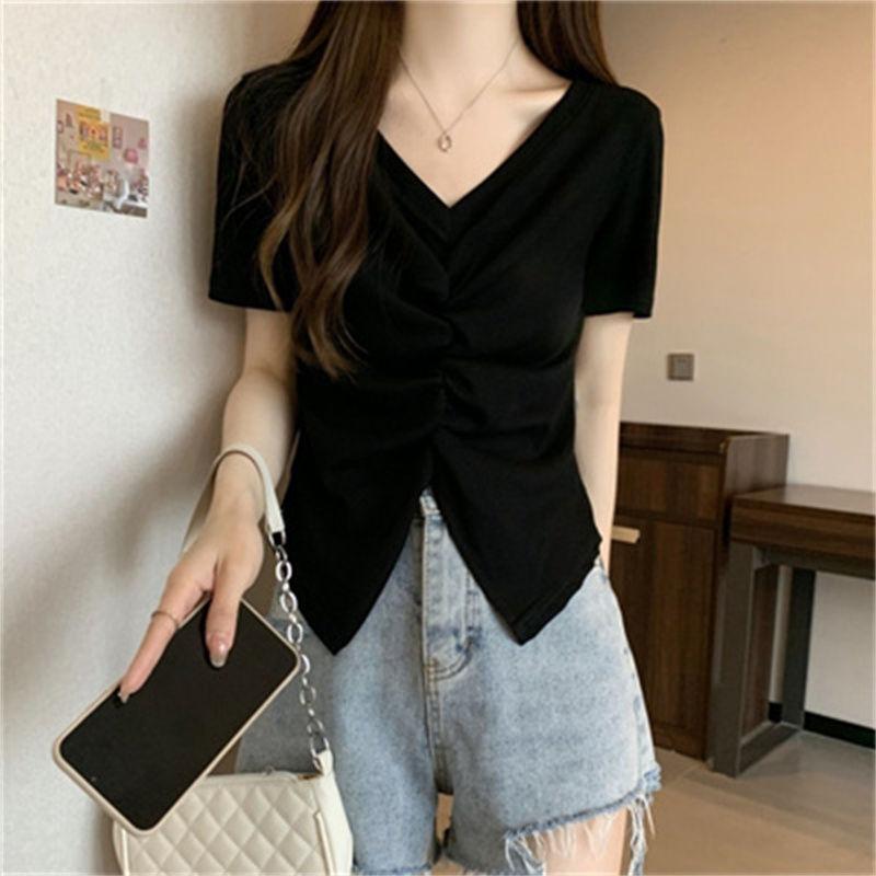 Hotsweet American Style Summer Women's Clothing Solid T-Shirts V-Neck Pleated Fashion Casual Young Style Slim Short Sleeve Tops