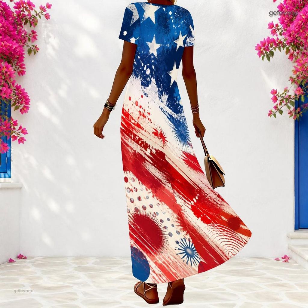Women Plus Size V Neck Short Sleeve Navy Blue Printed Long Dress