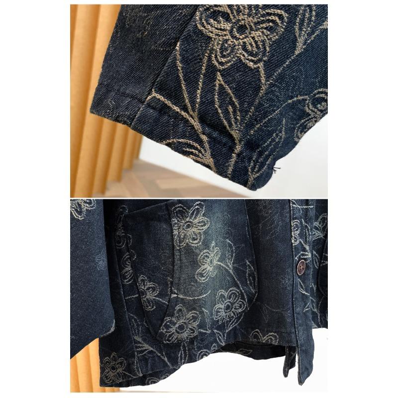 DIMANAF 2026 Herbst Winter Große Größen Damen Jeansjacken Mantel Kurz Lässig Print Floral Locker Knöpfe Blau Vintage Oberbekleidung