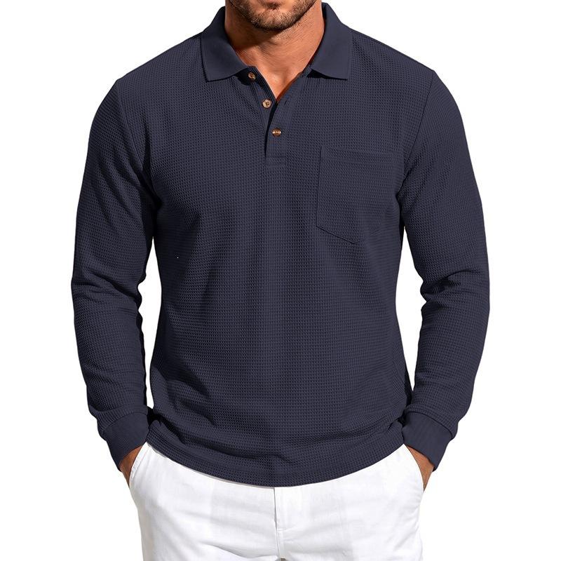 Men S Waffle Knit Long Sleeve Polo Shirt Casual Autumn