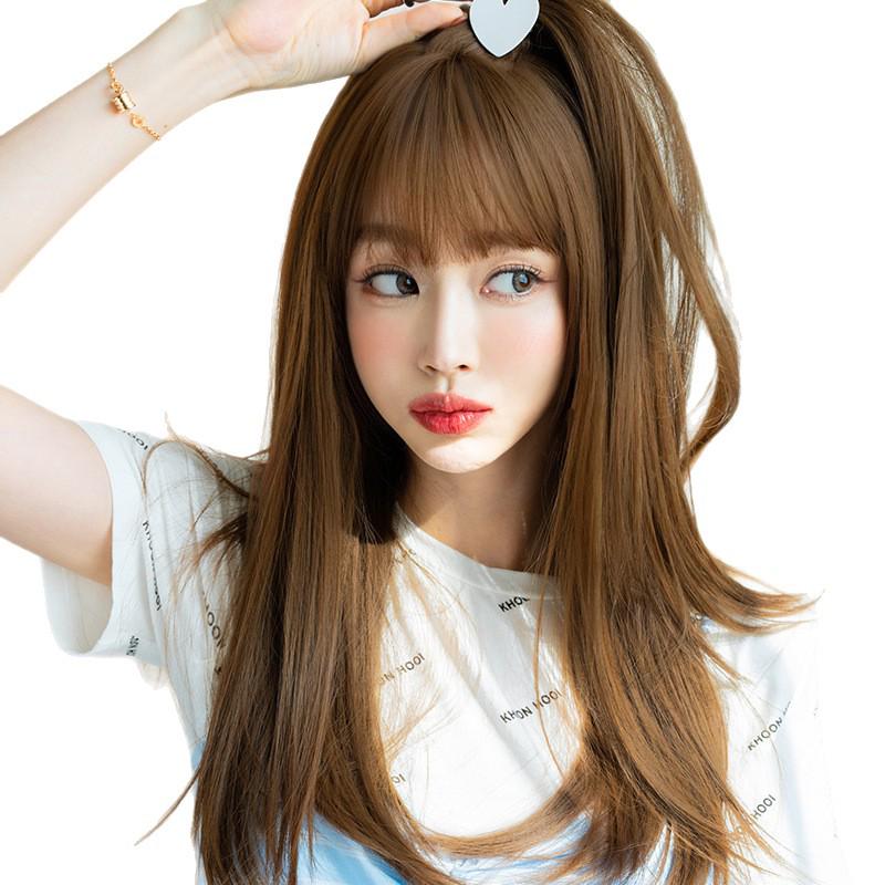 Women's Long Straight Wig with Air Bangs - Age-Reducing Fluffy Hairpiece