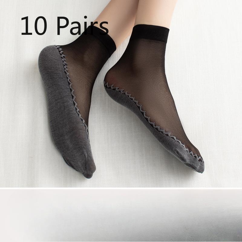 10 Pairs of Women's Summer Thin Cotton Bottom Non Slip Anti Hook Wire Durable Mid Tube Stockings