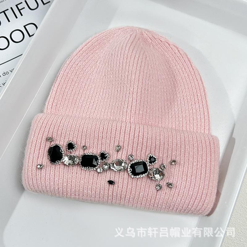 Hat Women's Autumn and Winter Rabbit Hair Warm Knitted Hat Women's Group Wind Fashion Rhinestone Wool Hat Versatile Crouch Cold Hat