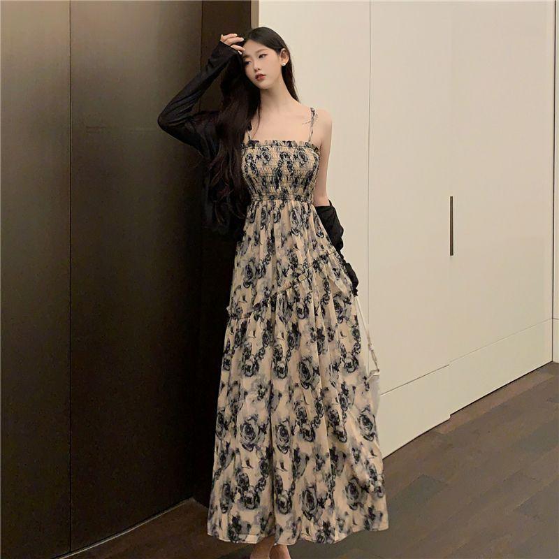 Plus Size French Floral Camisole Dress with Cardigan, Slimming Summer Long Dress for 2026