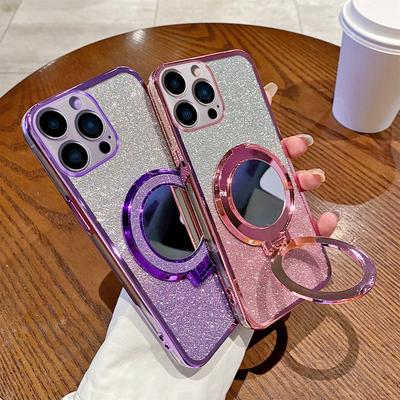 Für iPhone 16 Mode Glitzer Pailletten Magnetische Beschichtung Hülle Für iPhone 16 Pro Max Spiegelständer Stoßfeste Silikonabdeckung 16 Plus