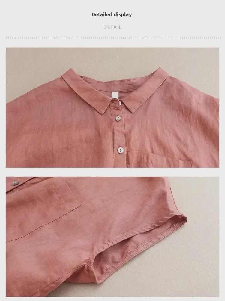Women's 2024 Summer Retro Loose Cotton & Linen Mid-Sleeve Doll Collar Shirt