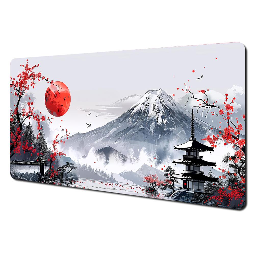 Romantische Kirschblüten und Pagoden-Design Großes Mauspads Schreibtischunterlage Genähte Kante Rutschfest Langlebiges Gaming-Pad Tapis De Souris