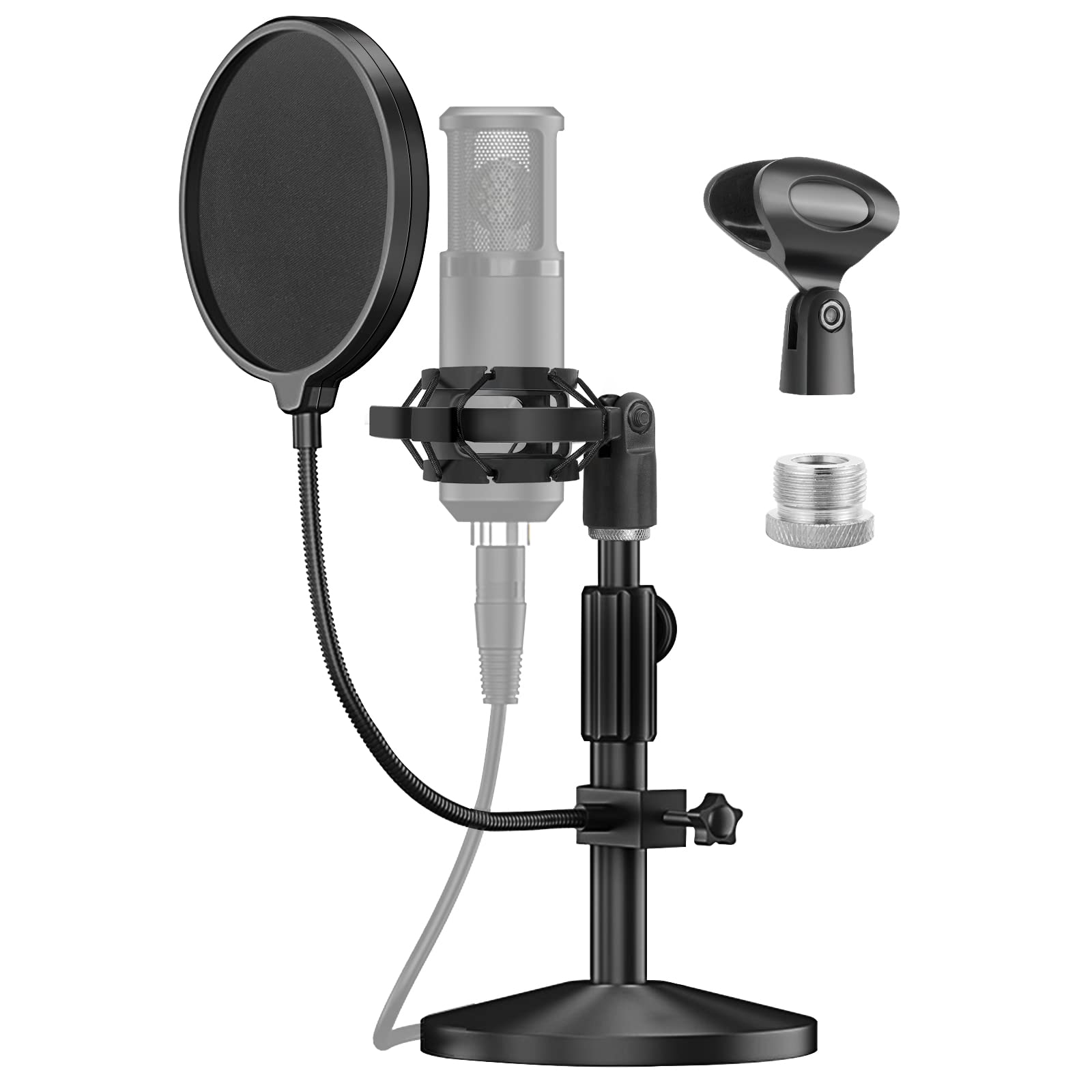

EmJTao Настольная микрофонная стойка с несколькими аксессуарами, поп-фильтром, амортизатором, микрофонным держателем и металлическим винтовым переходником с 5/8 на 3/8 для регулируемого микрофона