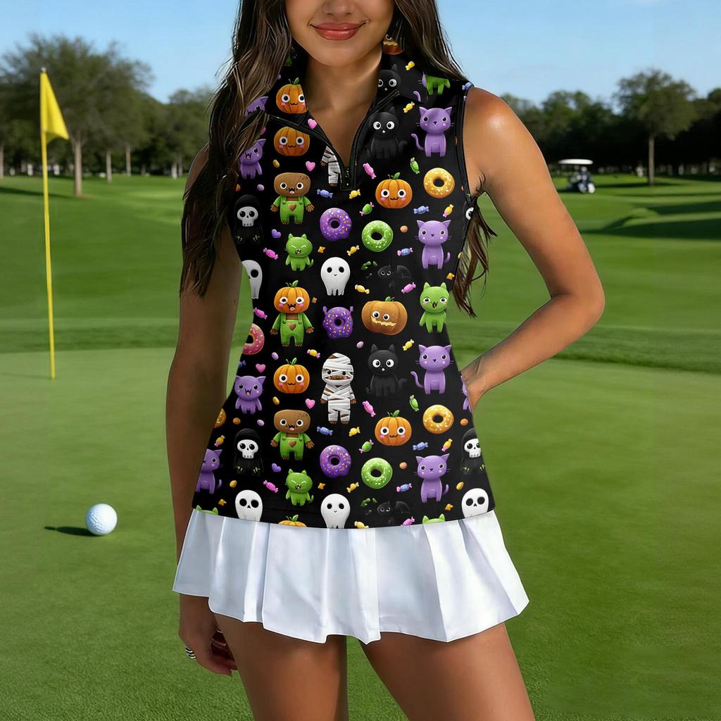 Women's Sleeveless Golf Shirt with Collar and Zipper , Halloween Print , for Casual Golf and Sport