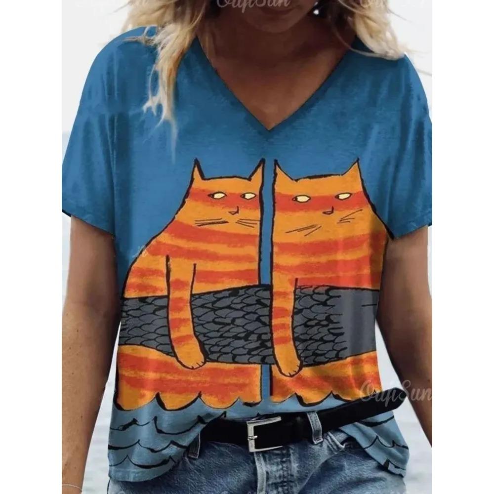 Summer V-neck Funny Cat Pattern 3D Printed Top Fashionable Casual Short Sleeved Women's T-shirts