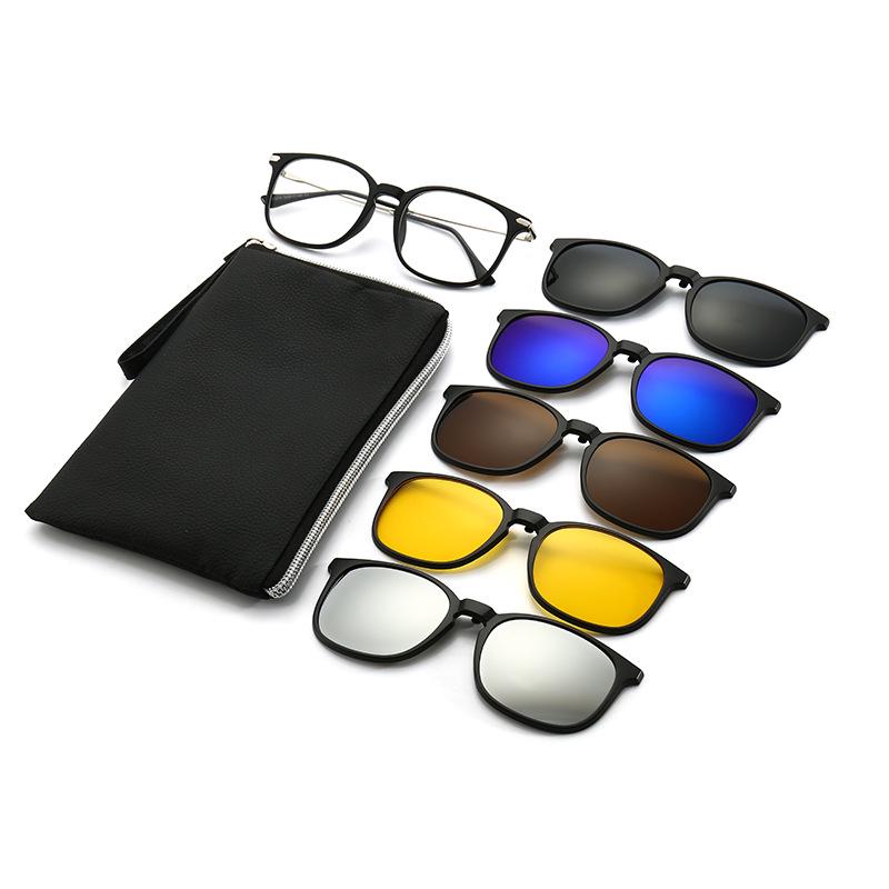 TR90 5-Piece Magnetic Clip-On Polarized Sunglasses Set with Pouch for Men & Women