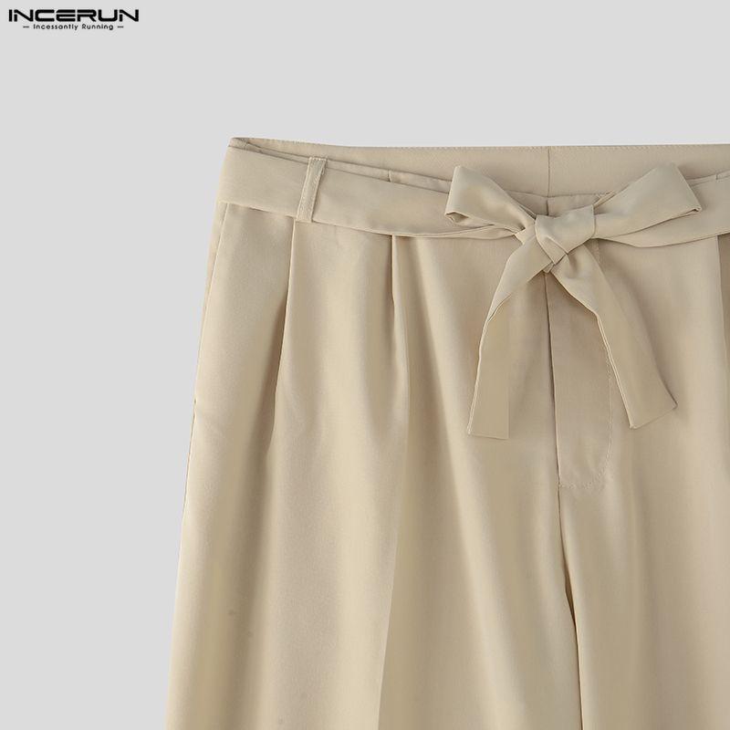 INCERUN Men's Zip-up Waist Casual Pleated Trousers Loose Wide Leg Pants with Belt Slacks